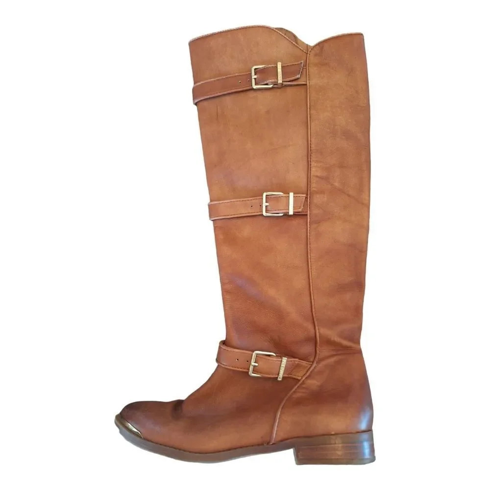 Gianni Bini Leather Knee High Riding Boots Cognac Brown Gold Buckles women's 6M